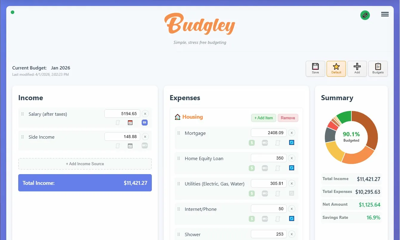 Budgley budget setup on desktop